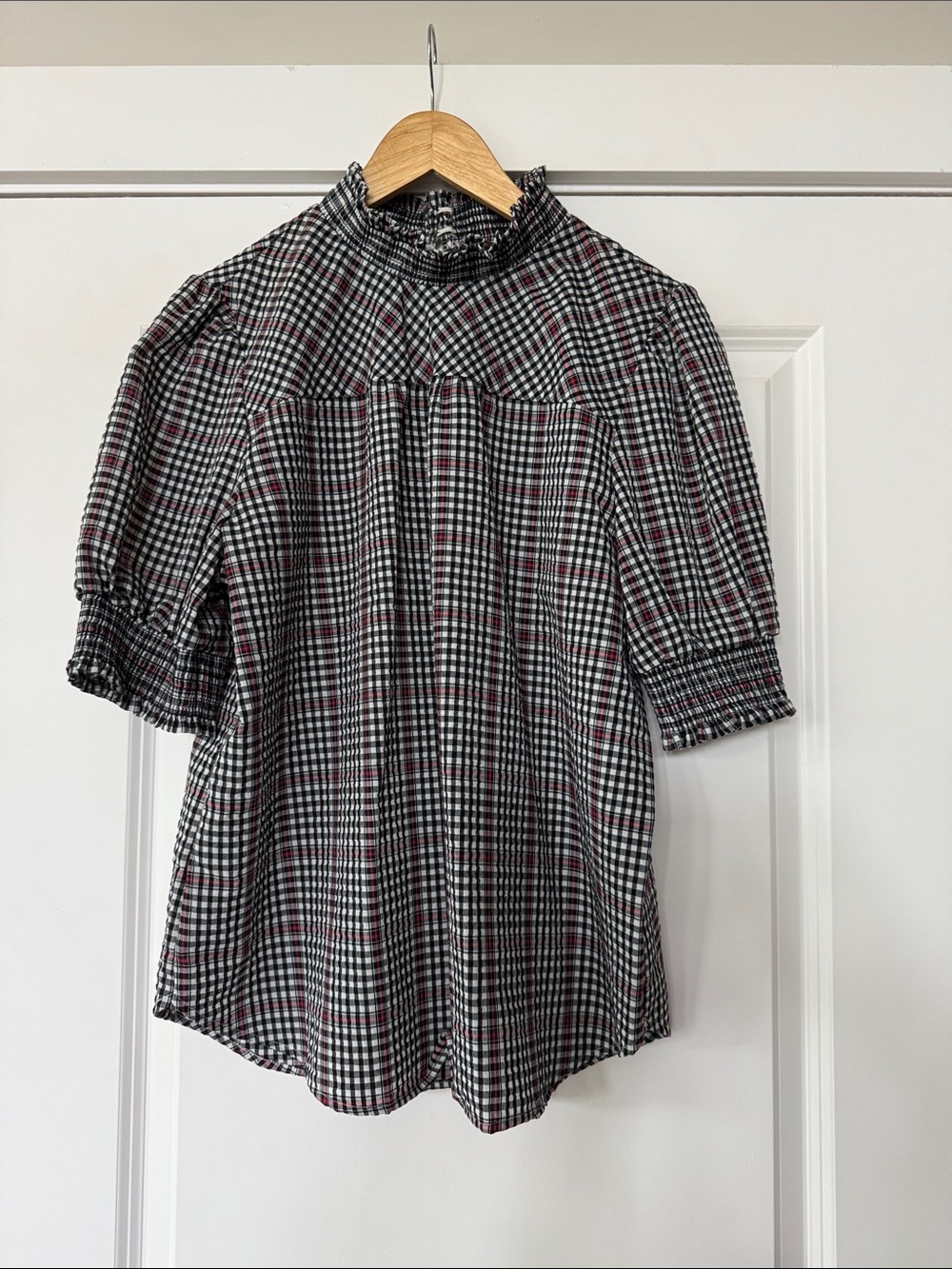 LOFT Black and White Gingham Mock-Neck Blouse